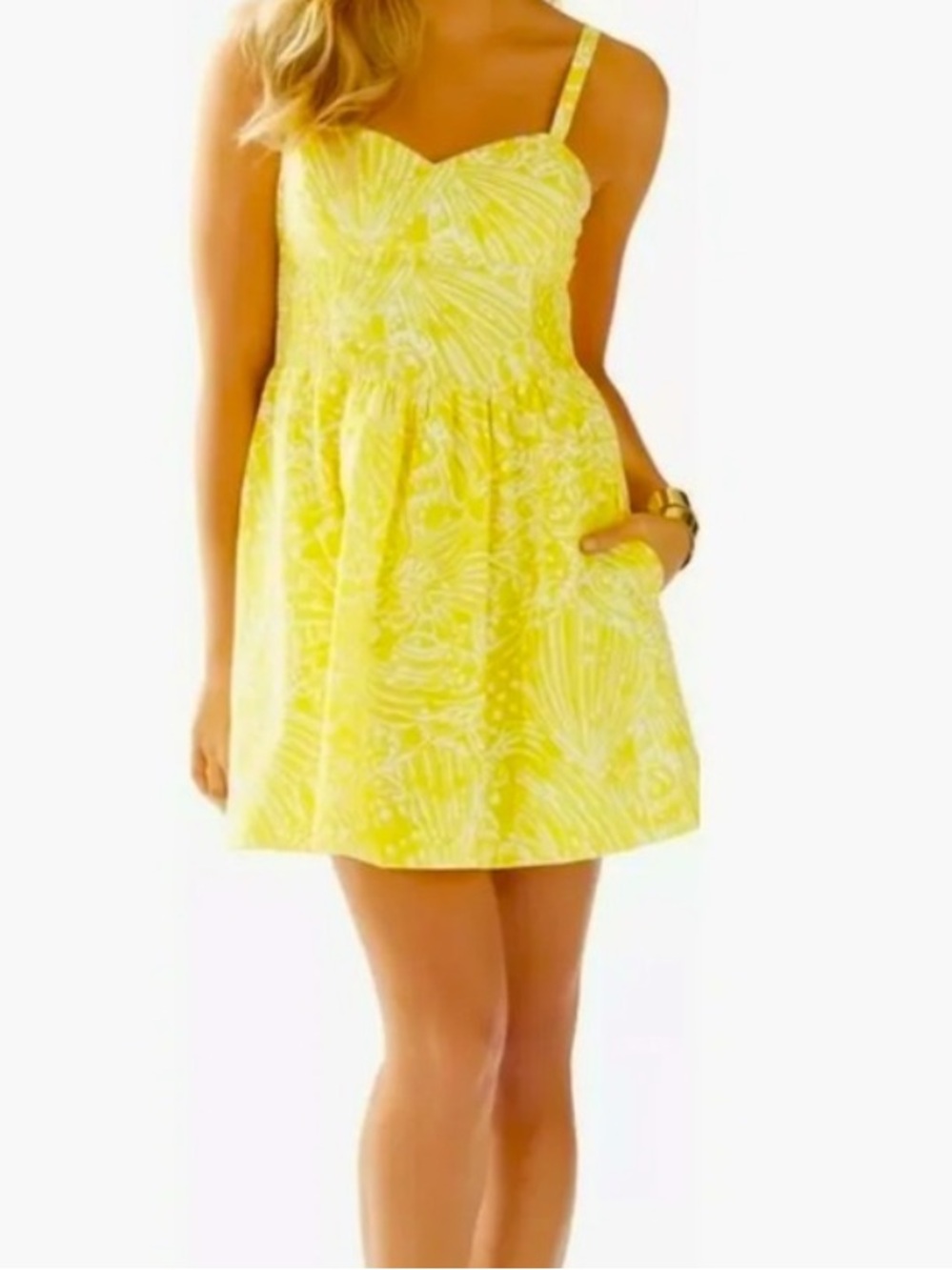 Lilly Pulitzer Christine Dress Sz 2 Yellow Sunglow Fit & Flare Mini W/Pockets - Picture 3 of 13